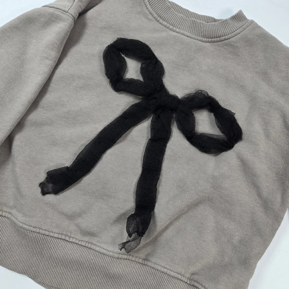 Zara Sweatshirt Girls 9-10 Taupe Black Tulle Bow Fleece Lined Pullover Top